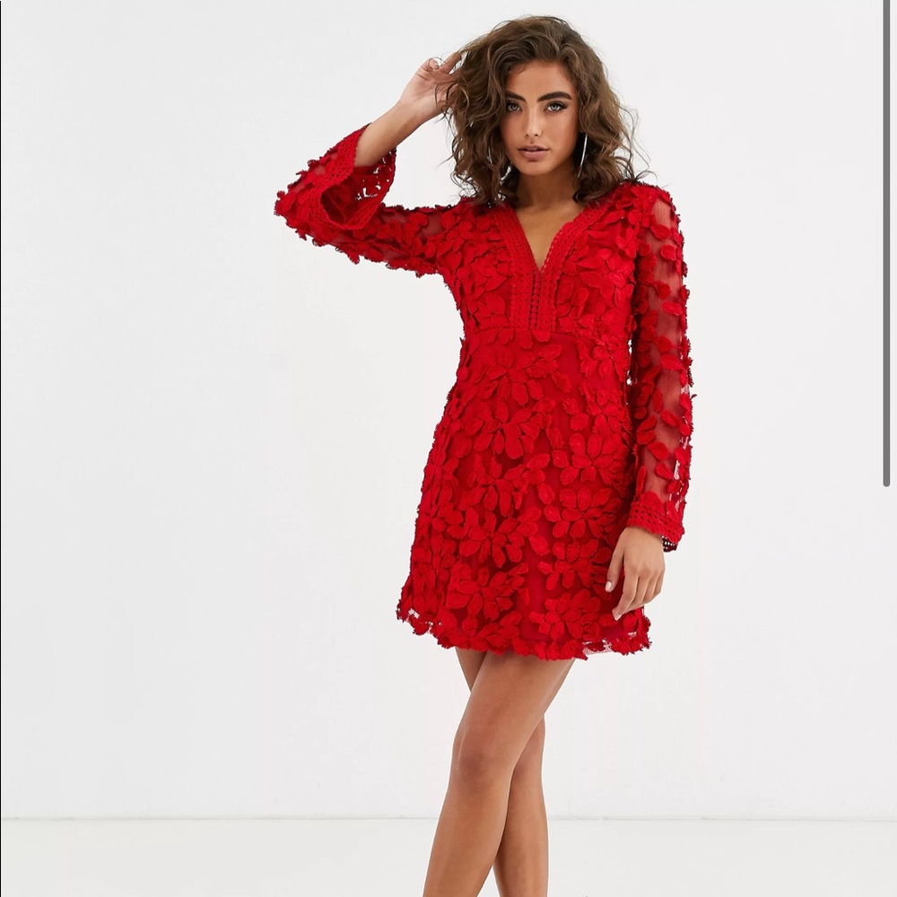 Love Triangle floral embroidered long sleeve red dress